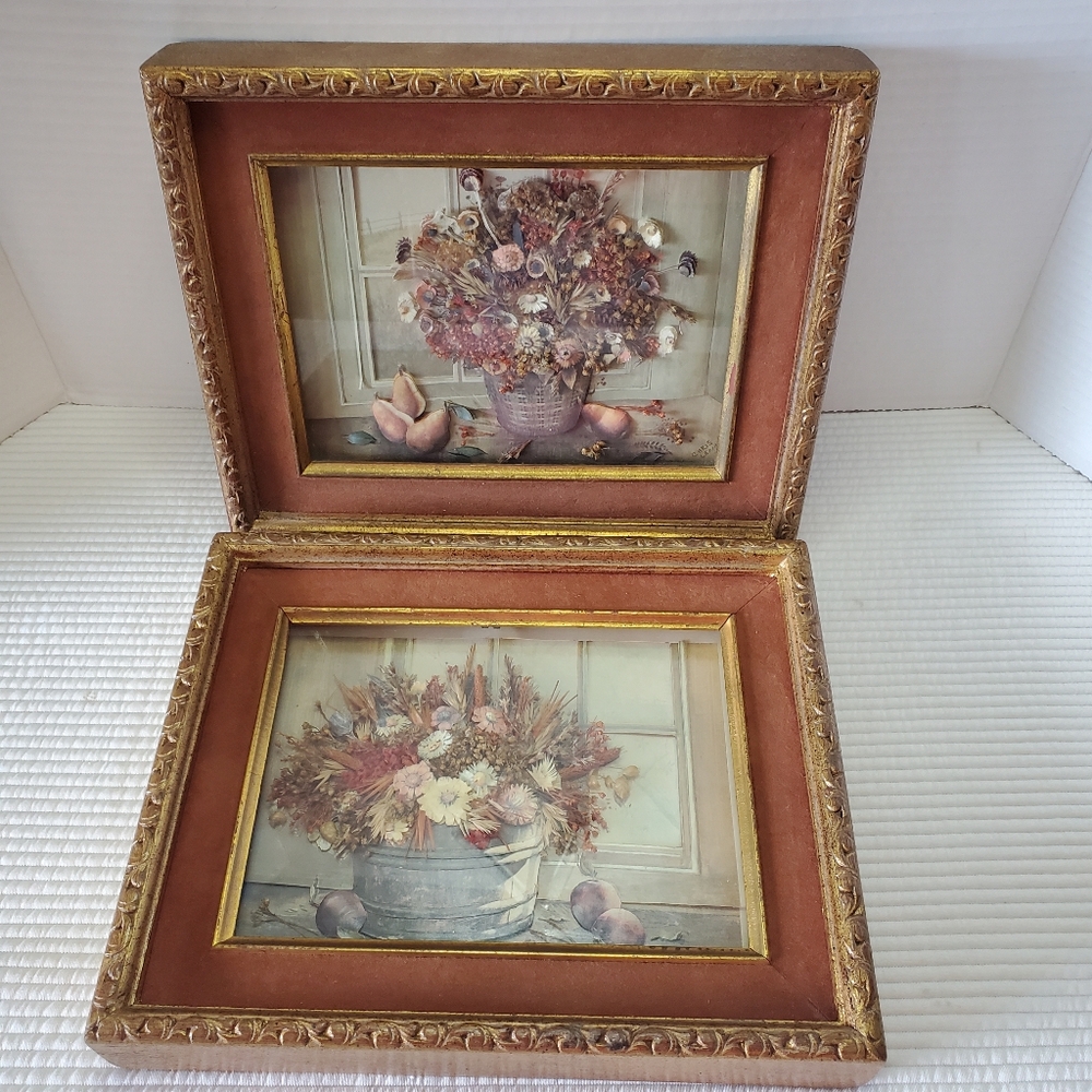 2 Real Dried Decoupage Press Flowers Pictures 10.5x8.5 Framed Vintage Handmade